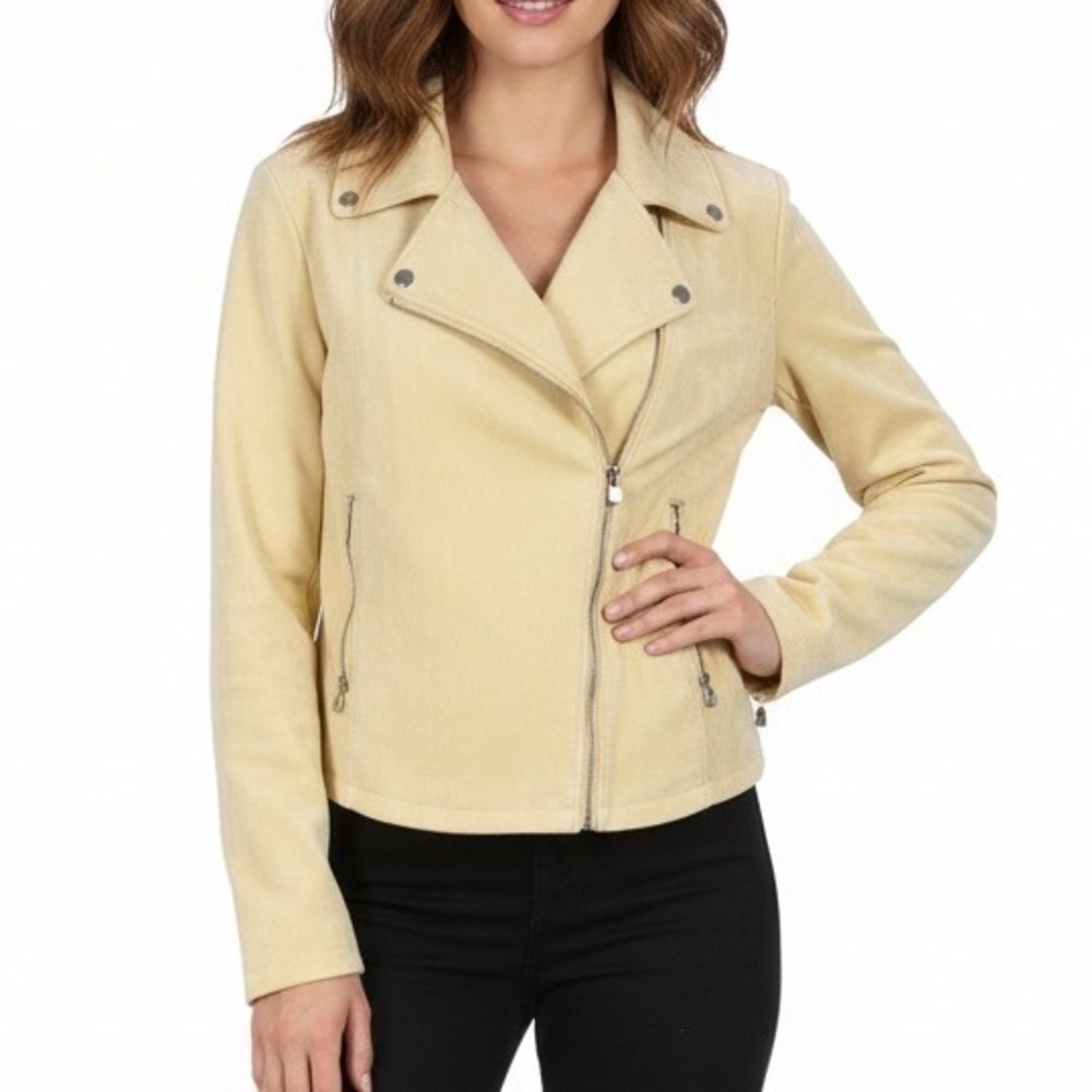 Laundry by Shelli Segal Butter Yellow Faux Suede Motorcycle Jacket XL Biker